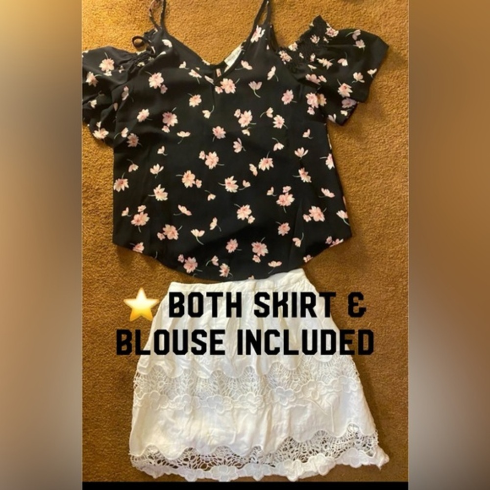 Floweredr shirt + skirt
Sienna Sky cold shoulder Top
Forever 21 Skirt